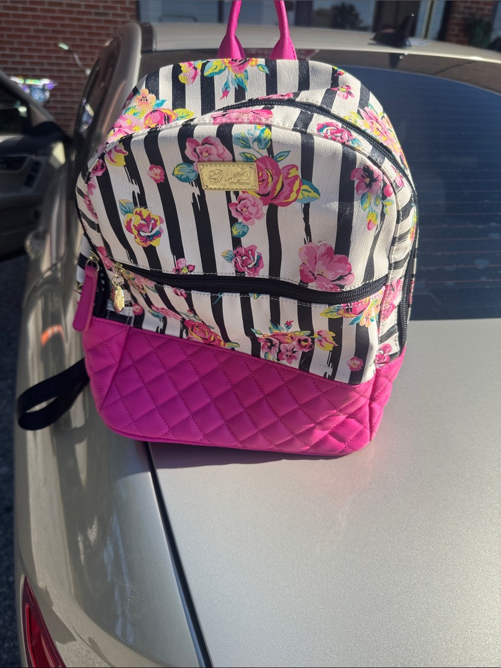 Floral Stripe Mini Backpack in Hot Pink Quilted Accent - Unbranded - Picture 2 of 8